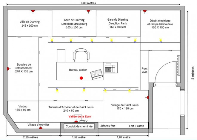 Le plan de la pièce où se trouve le réseau. Les points rouges sont les prises de courant commandable par un interrupteur. Ainsi en rentrant dans la salle en actionnant l'interrupteur, le réseau s'allume. Les points jaunes sont les spots.